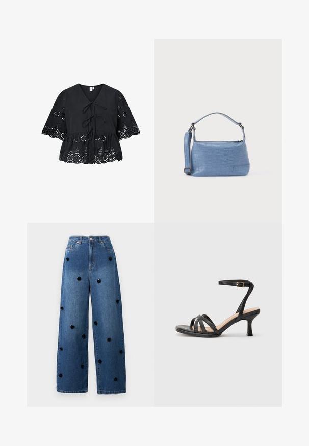 Sort bluse med korte, brede ærmer, der har V-hals, bindebånd foran og et indviklet hulmønster ved kanten og ærmerne.; Bredde ben blå denimjeans med sorte blomsterapplikationer spredt over stoffet. Har en høj talje og klassisk fem-lomme design.; Sorte høje hæle sandaler med flere tynde stropper over tæerne, en enkelt ankelstrop med en gylden spænde og en firkantet tå.; Lyseblå taske med krokodillepræg, kort håndtag og aftagelig skulderrem. Glat tekstur med lynlås.