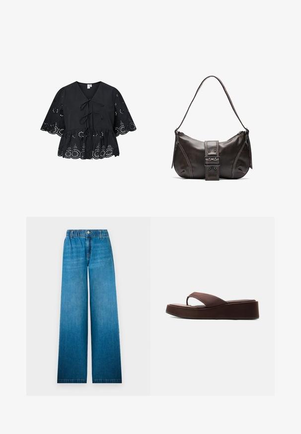 Sort bluse med korte, brede ærmer, der har V-hals, bindebånd foran og et indviklet hulmønster ved kanten og ærmerne.; Bredbåndede jeans i lys blå denim, med en elastisk talje, en knaplukning og et lige snitdesign med en falmet effekt.; Brun platform flip-flop sandal med tyk sål og bred rem over tæerne på en ens hvid baggrund.; Brun læder skuldertaske med en buet form, der har et fremtrædende spænde, kontrasterende syninger og en enkelt skulderrem.