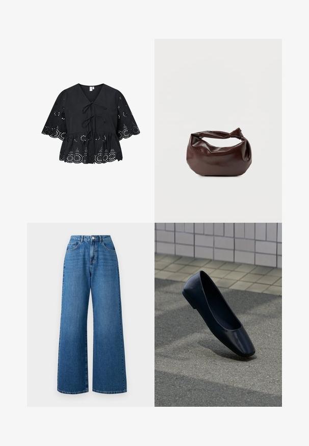 Zwarte blouse met korte, brede mouwen, voorzien van een V-hals, strik aan de voorkant en een fijn gaatjespatroon aan de zoom en mouwen.; Brede blauwe denim jeans met een hoge taille, voorzien van een vijf-pocketdesign, een sluiting met een knoop aan de voorkant en subtiele vervaging op de stof.; Zwarte leren platte schoen staat rechtop op een asfaltoppervlak nabij de rand van een betegeld trottoir.; Donkerbruine leren schoudertas met een zachte, slungelige vorm en een gedraaide knoopvormige handgreep op een effen witte achtergrond.
