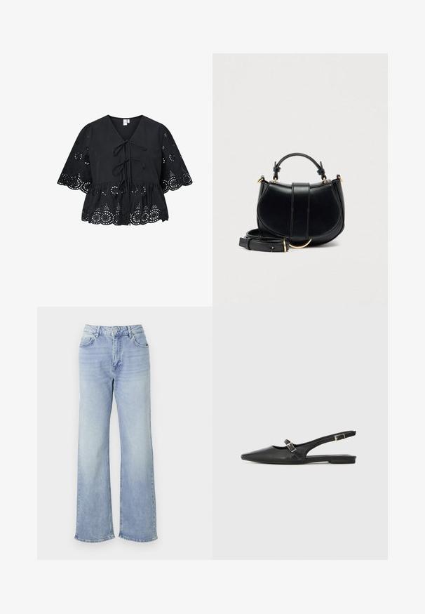 Sort bluse med korte, brede ærmer, der har V-hals, bindebånd foran og et indviklet hulmønster ved kanten og ærmerne.; Lyseblå vide jeans lavet af denim, med høj talje, fem lommer og en kant med subtilt slid.; Sorte læder slingback-sko med spids tå, med en smal rem og en sølvspænde-detalje på siden. Flad sål.; Sort læderhåndtaske med en buet silhuet, gyldne accenter og en aftagelig rem. Har et topgrep og lodrette sømdetaljer.