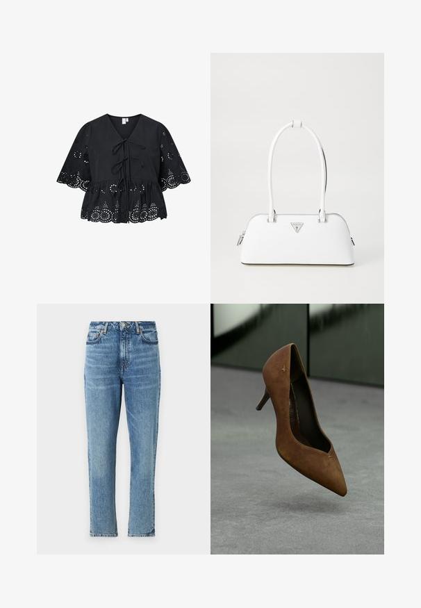 Sort bluse med korte, brede ærmer, der har V-hals, bindebånd foran og et indviklet hulmønster ved kanten og ærmerne.; Lyseblå denimjeans med høj talje, lige ben og slidt tekstur. Udstyret med sølvhardware og kontrasterende syninger.; Brunt læder højhælet sko med spids tå og en lille detalje. Hælen er slank, og overfladen har en glat struktur.; Hvid lædertaske med en buet form, der har et sølvtrapezlogo og lynlåslukning. Glat tekstur og dobbelthåndtag.