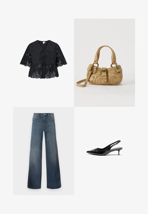 Sort bluse med korte, brede ærmer, der har V-hals, bindebånd foran og et indviklet hulmønster ved kanten og ærmerne.; Bredde denim jeans i mørkeblå, med en slidteknik, knaplukning og fem-lomme stil. Glat tekstur, minimal syning detaljer.; Sorte læder slingback-pumps med spids tå, lav kitten-hæl og rynket detalje på overdelen. Glat tekstur og minimalistisk design.; Beige læderhåndtaske med dobbelte håndtag, messing spænde og nitte detaljer samt en justerbar skulderrem mod en hvid baggrund.