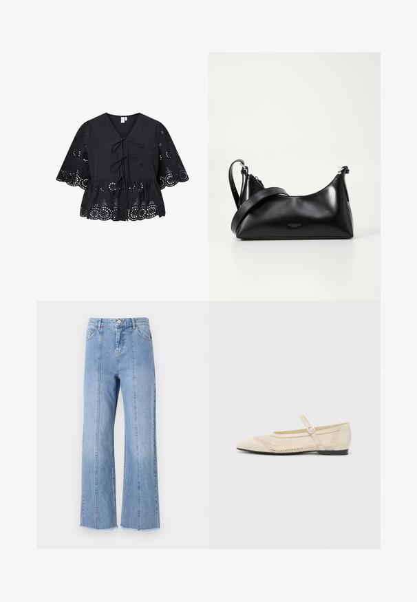 Sort bluse med korte, brede ærmer, der har V-hals, bindebånd foran og et indviklet hulmønster ved kanten og ærmerne.; Lysblå denim wide-leg jeans med høj talje, forreste sømme og rå kant. Funktioner en klassisk knap- og lynlåslukning i taljen.; Beige balletflader med spids tå, mesh design overlay og en side spænde. Flad sål med en glat tekstur.; Sort læderhåndtaske med en glat tekstur. Har en justerbar stropp og et enkelt, minimalistisk design med lynlås.