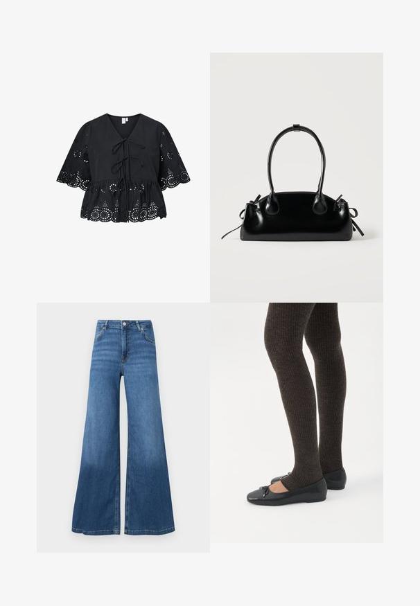 Sort bluse med korte, brede ærmer, der har V-hals, bindebånd foran og et indviklet hulmønster ved kanten og ærmerne.; Bredde bukser i blå denim med høj talje, forlommer og en ren søm. Ingen synlige mønstre eller pyntegeler.; Ben iført mørke ribbede leggings kombineret med sorte balletsko med små sløjfedetaljer på hvid baggrund.; Lille sort blank håndtaske med to lange håndtag og snøre-detaljer i siden på en ensfarvet lys baggrund.