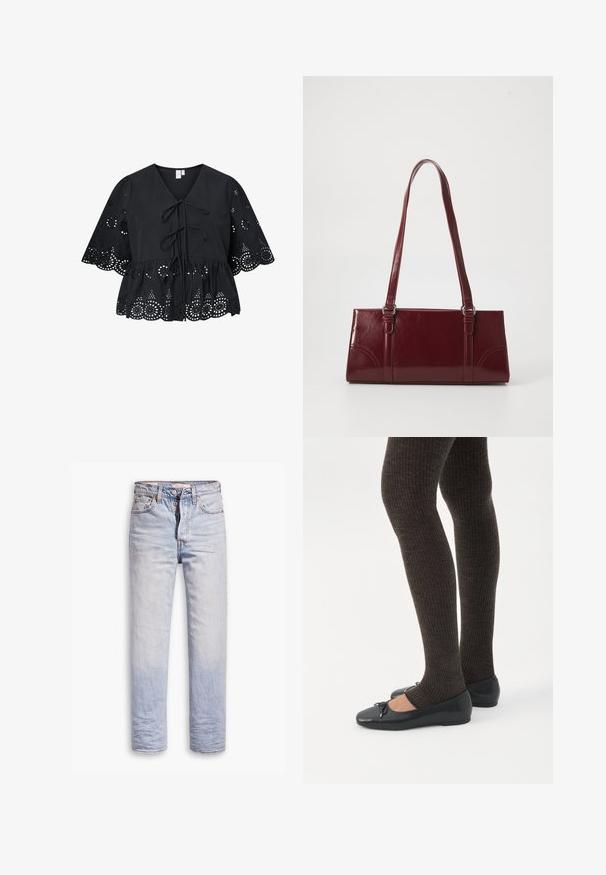 Sort bluse med korte, brede ærmer, der har V-hals, bindebånd foran og et indviklet hulmønster ved kanten og ærmerne.; Lyseblå denimjeans med lige ben, der har en knaplukning, fem lommer og en diskret falmning langs benene.; Ben iført mørke ribbede leggings kombineret med sorte balletsko med små sløjfedetaljer på hvid baggrund.; Bordeaux håndtaske lavet af glansfuldt materiale, rektangulær form, med to skulderremme og subtile buede detaljer på forsiden.