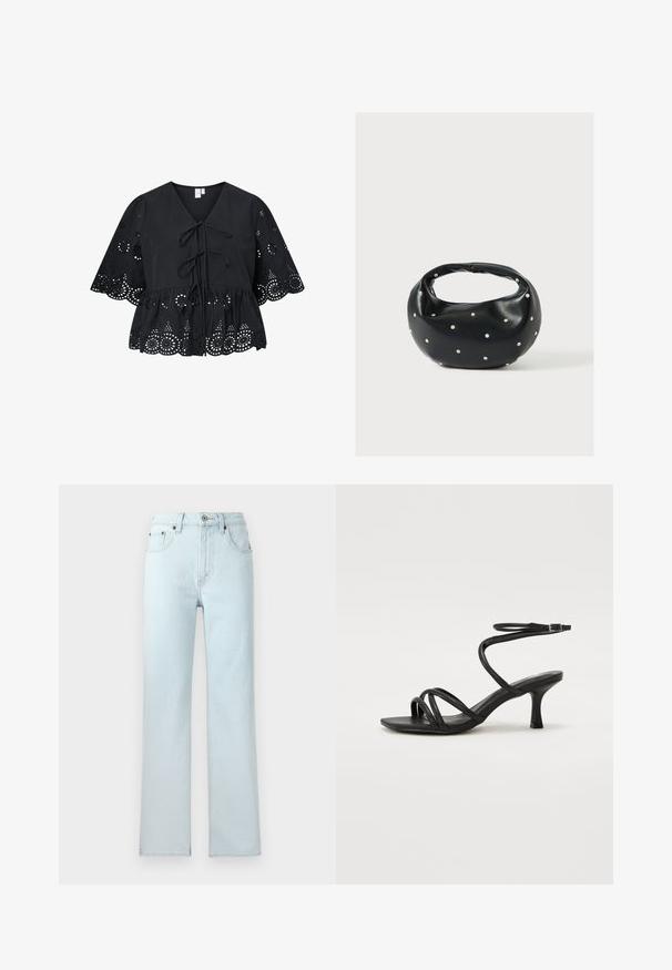 Sort bluse med korte, brede ærmer, der har V-hals, bindebånd foran og et indviklet hulmønster ved kanten og ærmerne.; Lys blå denim jeans med lige ben-design, der har fem lommer, bæltestropper og knaplukning i taljen.; Even&Odd Wide Fit by Zalando Sandaler - black; Sort læderhåndtaske med en rundet form, dekoreret med sølvnitter, og et kort håndtag. Glat tekstur og lynlåslukning.