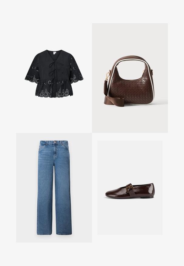 Sort bluse med korte, brede ærmer, der har V-hals, bindebånd foran og et indviklet hulmønster ved kanten og ærmerne.; Lysblå denim bukser med vid ben og høj talje, der har en skjult lynlås og knaplukning samt markant syning på forlommerne.; Mørkebrun laklædersko med stor guldlås og rund tå, vist i sideprofil på hvid baggrund.; Brun vævet læderhåndtaske med hvid piping, guldfarvet lynlås og aftagelig brun stofskulderrem.