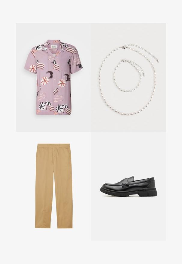 Chemise à manches courtes, de couleur lavande, arborant un motif sur le thème de la plage avec des parapluies, des vagues et des accents rayés. Comprend une poche poitrine et une fermeture à boutons.; Pantalons kaki en tissu lisse, avec une coupe droite, deux poches avant et des détails de couture épurés et minimaux.; Mocassin en cuir noir avec une large sangle sur le devant, semelle en caoutchouc à épaisse rainure, et texture lisse. Design classique et élégant.; Collier de perles et bracelet assorti avec fermoirs en chaîne argentée disposés sur un fond blanc.