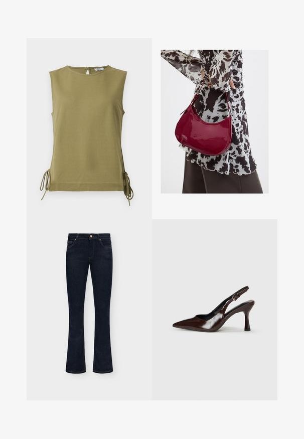 Αμάνικη κορυφή σε ελαιόχρωμο με στρογγυλή λαιμόκοψη, κλείσιμο με κουμπιά στο πίσω μέρος και ρυθμιζόμενους δεσίματα στο πλάι στο τελείωμα.; Σκούρα μπλε τζιν παντελόνια με μεσαία μέση, μπροστινό κουμπί και ελαφρώς φαρδύ τελείωμα στο κάτω μέρος σε μονόχρωμο φόντο.; Καφέ πατέντα δερμάτινα γοβάκια slingback με μυτερή μύτη, λεπτό τακούνι και ρυθμιζόμενο λουράκι με μικρή αγκράφα.; Γυναίκα που φοράει μια μπλούζα με μαύρο-άσπρο μοτίβο κρατάει μια γυαλιστερή κόκκινη τσάντα ώμου σε απλό φόντο.