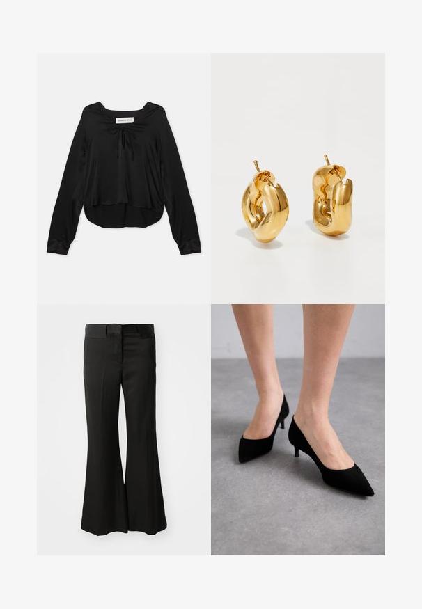Haut noir à manches longues en tissu lisse avec un décolleté en scoop, agrémenté d'un nœud décoratif, une coupe décontractée et un ourlet arrondi.; Pantalons évasés noirs en matériau lisse, avec une taille mi-haute et un design épuré et ajusté sans ornements visibles.; Talons aigus en daim noir avec un talon moyen slim et classique, et une large ouverture, présentés sur des pieds nus sur un fond gris.; Boucles d'oreilles créoles en or massif avec un design tubulaire légèrement tordu et des fermoirs à tige sur un fond blanc.