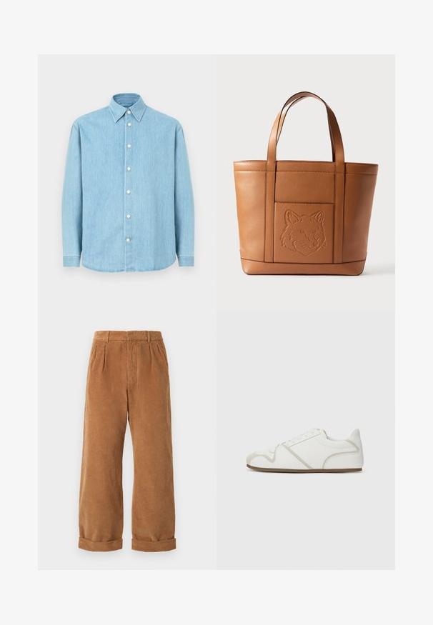 Chemise à manches longues en denim bleu clair avec col pointu et boutons blancs, présentée sur fond uni.; Pantalons en velours côtelé marron avec une coupe évasée, dotés de plis à l'avant et de ourlets retroussés. Le tissu a un aspect texturé et côtelé.; Baskets blanches avec une tige en tissu lisse, des accents beige, un bout arrondi et une semelle en caoutchouc. Présente un design à lacets et des coutures sur les côtés.; Sac fourre-tout en cuir marron avec visage de renard embossé, forme rectangulaire, doubles anses plates et détails de couture discrets.