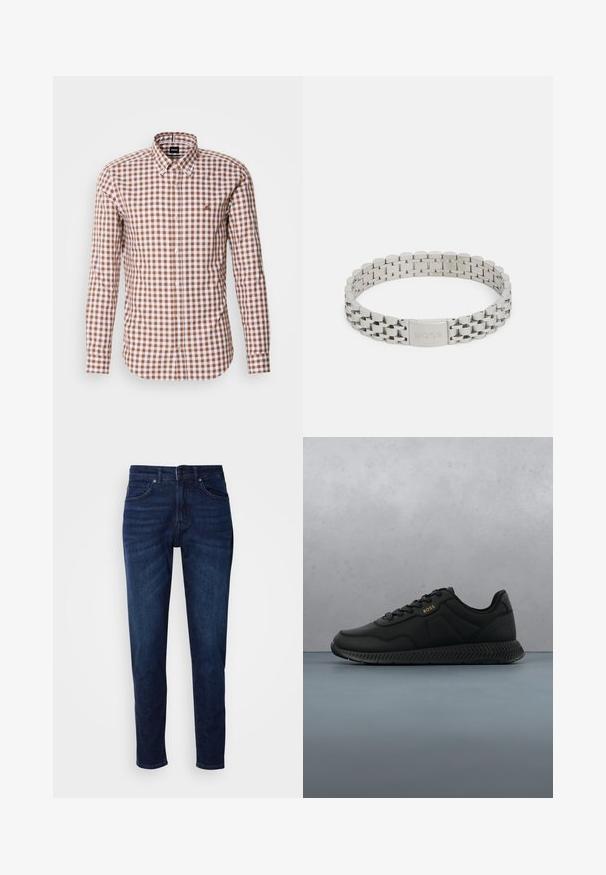 Braun- und weiß kariertes Langarmhemd mit Button-Down-Kragen und gesticktem Logo auf der Brust. Baumwollstoffstruktur.; Dunkelblaue Jeans aus Denim mit geradem Bein, ausgestattet mit Taschen und einem Knopfverschluss an der Taille. Weiche Textur, minimale Ausbleichungen.; Schwarze Sportsneaker mit einem glatten Textil-Obermaterial, Gummisohle und subtiler geprägter Detailierung. Verfügt über ein Schnürdesign und minimalen Markenaufdruck.; Silbernes Armband aus rostfreiem Stahl mit einem Glieddesign, versehen mit einem Verschluss, der mit "BOSS" graviert ist. Glatte, polierte Oberfläche mit abgerundeten Kanten.