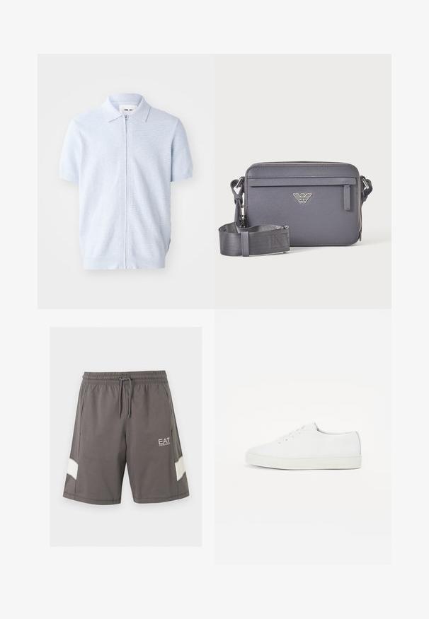 Lichtblauw poloshirt met korte mouwen, voorzien van een ritsluiting en geribbelde textuur, met een klassieke kraagontwerp en een rechte zoom.; Grijze short met elastische taille en trekkoord, zijzakken, witte streepdetails op de benen en wit EA7 Emporio Armani-logo op de linker dij.; Witte leren sneakers met een gladde textuur, ronde neus, platte zool en subtiel goudkleurig logo-detail aan de zijkant. Klassiek vetersluiting ontwerp.; Donkergrijze rechthoekige crossbodytas met verstelbare riem, voorvak met rits en zilveren logokembleem.