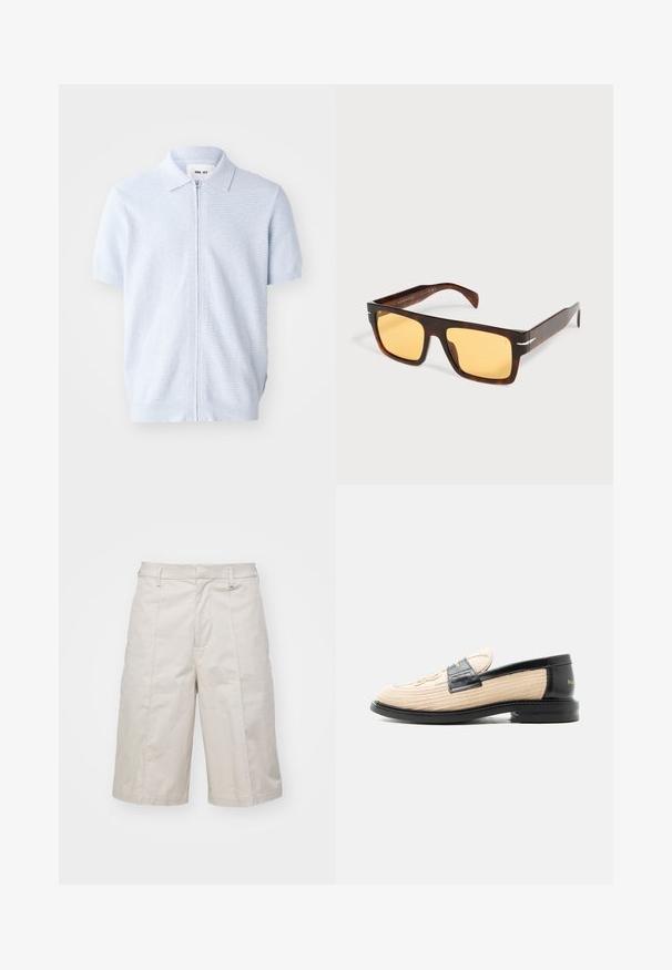 Himmelblaues Polohemd mit kurzen Ärmeln, mit einem Reißverschluss und ribbeliger Textur, klassischem Kragendesign und geradem Saum.; Beige Baumwollshorts mit geradem Schnitt, knielang, ausgestattet mit zwei vorderen Taschen und subtilen Falten für zusätzliche Textur.; Beiger gewebter Loafer mit schwarzem Lederbesatz, abgerundeter Spitze, schwarzer Sohle und dekorativem gesteppten Muster an der Oberseite.; Rechteckige Schildpatt-Sonnenbrille mit breitem Rahmen und gelben Gläsern auf weißem Hintergrund.