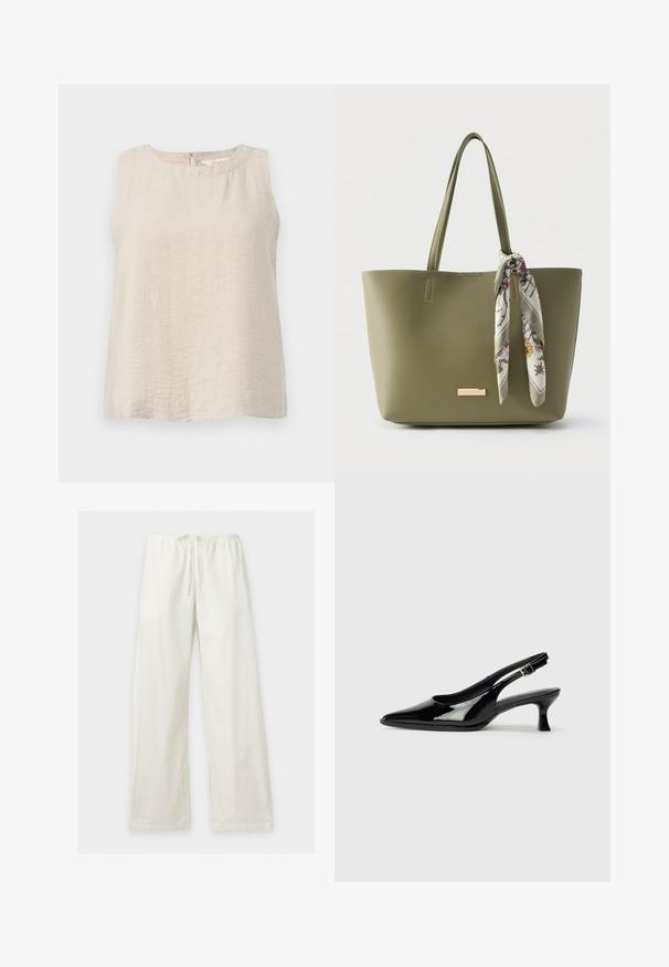 Top sin mangas en tela beige clara con una superficie texturizada. Escote redondo y cierre en la parte trasera con forma de ojal, con un ajuste suelto y relajado.; Pantalones blancos de pierna ancha con cintura elástica y cierre de cuerda, mostrados extendidos sobre un fondo claro.; Zapatos de charol negro tipo slingback con punta afilada y tacón bajo. Correa ajustable con hebilla en el tobillo.; Bolsa tote verde oliva con asas dobles y una bufanda con estampado floral atada a una de las asas.