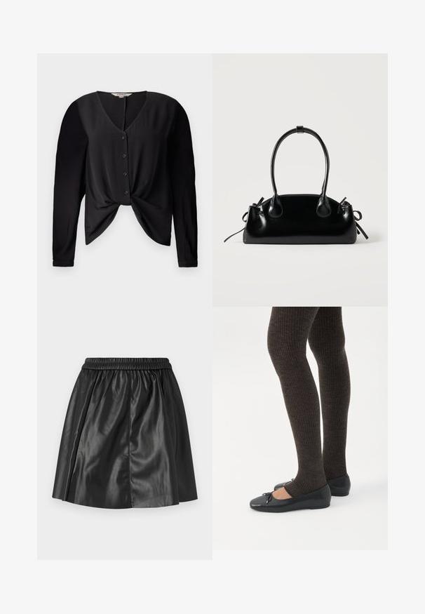 Blouse noire avec un décolleté en V, des manches longues et un devant boutonné. Elle présente un détail de nœud à la taille et une texture de tissu lisse.; Mini-jupe en cuir noir avec une taille élastique, design froncé et plis latéraux, présentant une texture lisse et brillante.; Jambes portant des leggings côtelés foncés associés à des ballerines noires avec de petits détails en nœud sur fond blanc.; Petit sac à main noir brillant avec deux longues anses et des détails à cordon sur les côtés sur un fond clair uni.
