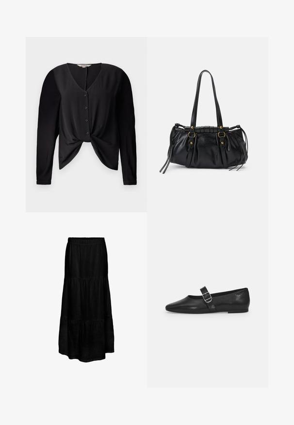 Blusa negra con escote en V, mangas largas y cierre de botones en la parte frontal. Presenta un detalle de nudo en la cintura y una textura de tela suave.; falda maxi negra, con capas y cinturilla elástica, hecha de un tejido ligero, con un acabado texturizado y una silueta fluida.; Zapato plano de cuero negro con punta redondeada, una sola correa ajustable con hebilla y una textura suave y brillante. Diseño minimalista con un tacón bajo.; Bolso de mano de cuero negro con forma redondeada, asas dobles, acentos de hardware decorativo y detalles de lazo en los laterales. Textura lisa y brillante.