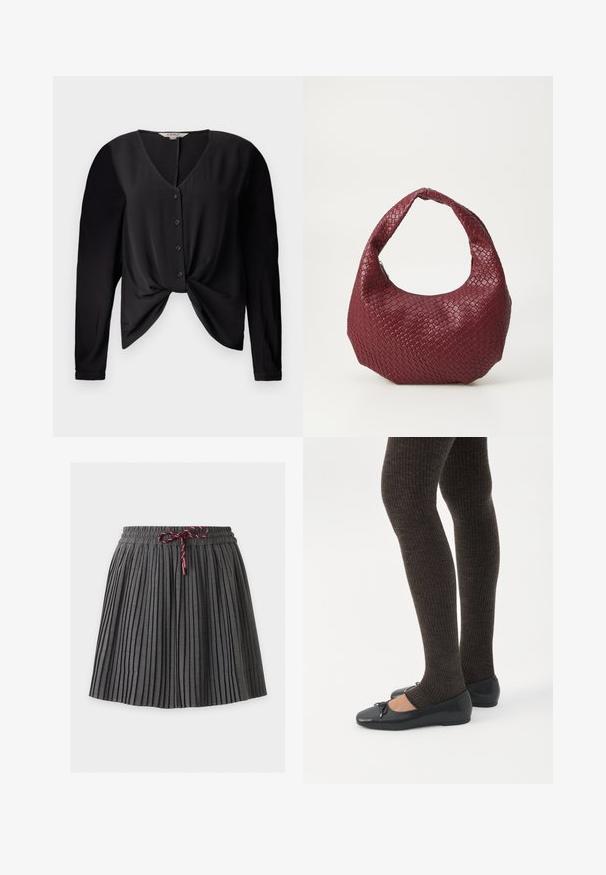 Blouse noire avec un décolleté en V, des manches longues et un devant boutonné. Elle présente un détail de nœud à la taille et une texture de tissu lisse.; Jupe plissée gris foncé avec une taille élastique et un cordon bordeaux noué au centre devant.; Jambes portant des leggings côtelés foncés associés à des ballerines noires avec de petits détails en nœud sur fond blanc.; Sac à main tissé bordeaux avec une silhouette arrondie, une seule poignée et une finition texturée. Fermeture zippée en haut.