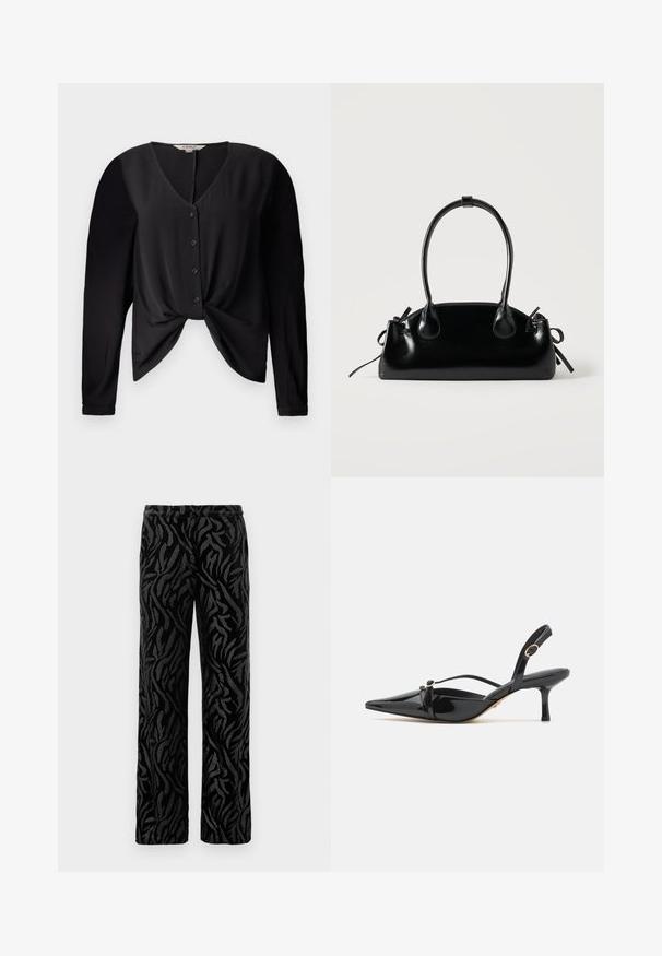 Blouse noire avec un décolleté en V, des manches longues et un devant boutonné. Elle présente un détail de nœud à la taille et une texture de tissu lisse.; Pantalon noir avec un motif texturé en spirale. Fabriqué en matière douce avec une coupe droite et une taille élastique pour plus de confort.; ALDO MARIETTA PILLOW WALK - Escarpins - black; Petit sac à main noir brillant avec deux longues anses et des détails à cordon sur les côtés sur un fond clair uni.