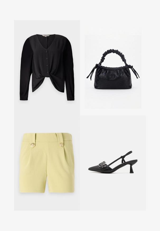 Blouse noire avec un décolleté en V, des manches longues et un devant boutonné. Elle présente un détail de nœud à la taille et une texture de tissu lisse.; Shorts jaune clair en tissu lisse, avec deux plis à l'avant et des boutons décoratifs dorés sur la taille. Design ajusté.; Simmi London DALA - Escarpins - black; Sac à main noir avec texture crocodile, bord supérieur froncé, poignée plissée et pompons à cordon de chaque côté sur fond blanc.