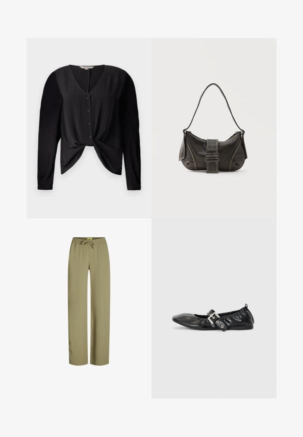 Blouse noire avec un décolleté en V, des manches longues et un devant boutonné. Elle présente un détail de nœud à la taille et une texture de tissu lisse.; Pantalon vert, ample, avec une taille élastique et un cordon de serrage ajustable. Fabriqué en tissu doux avec des jambes droites et sans poches visibles.; Chaussure plate en cuir noir avec un nez pointu, des détails froncés autour de l'ouverture et un accent en boucle argentée sur la bride ajustable.; Sac à épaule en cuir noir avec une sangle à boucle, des bords arrondis et des coutures blanches contrastées sur un fond uni.