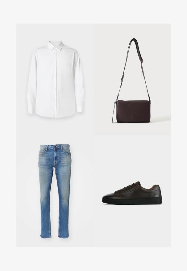 Camisa blanca de manga larga con cuello puntiagudo, hecha de tejido suave, que presenta un corte clásico y cierre frontal con botones.; Jeans de denim azul claro con corte recto, que cuentan con una cremallera, cinco bolsillos y una textura ligeramente desgastada.; Zapatilla de perfil bajo de cuero marrón oscuro con suela de goma negra, cierre de cordones y diseño liso y minimalista sobre un fondo claro.; Bolso bandolera de cuero marrón oscuro con textura, correa ajustable y pequeño adorno decorativo azul en el lateral.