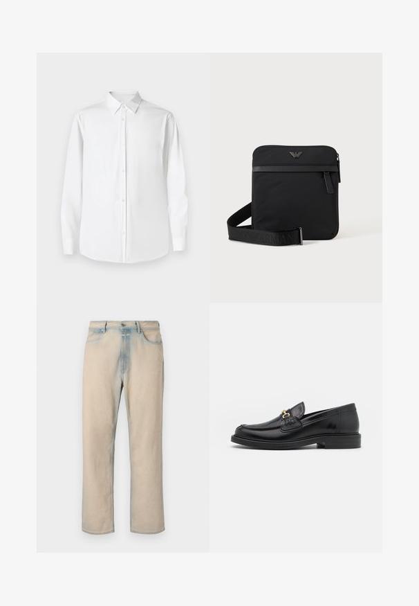 Weißes Langarmhemd mit Point-Kragen, aus glattem Stoff gefertigt, mit klassischer Passform und vorderem Knopfverschluss.; Helle beige Jeans aus Denim mit geradem Bein, verblassten blauen Akzenten, fünf Taschen und einem Knopfverschluss an der Taille.; Schwarze Lederleter mit einer abgerundeten Zehenpartie, ausgestattet mit goldenen Hardwareakzenten und Stichdetails, auf einer niedrigen, strukturierten Gummisohle.; Schwarze quadratische Schultertasche mit Reißverschluss, Vordertasche und verstellbarem Riemen mit eingeprägtem Markennamen.
