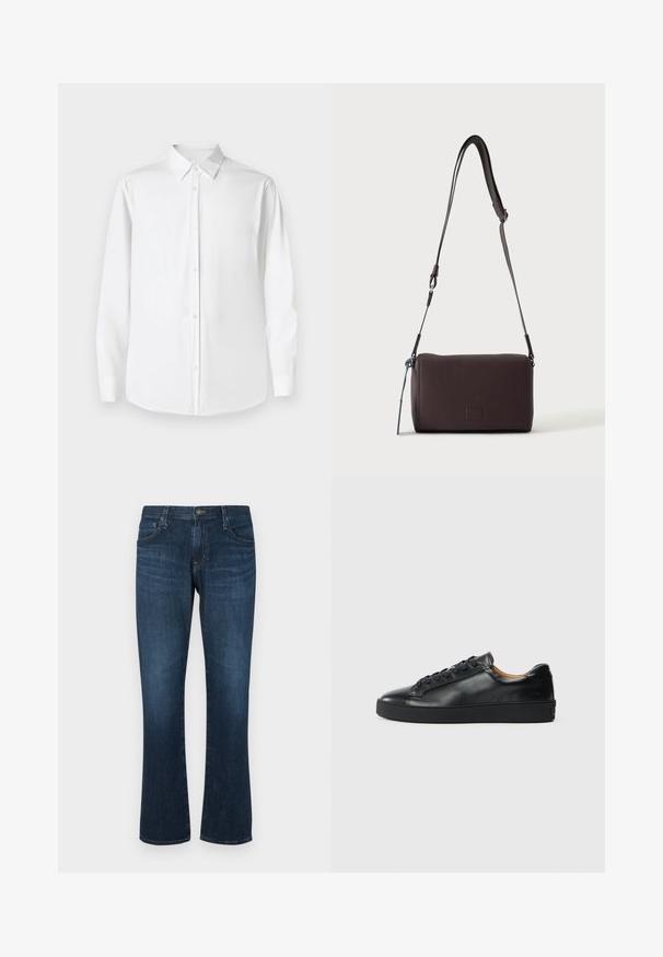 Hvid langærmet skjorte med knapper og spidse kraver, lavet af glat stof, med en klassisk pasform og frontlukning med knapper.; Mørkeblå denimjeans med lige ben-design, fem lommer og metalknap-lukning. Glat tekstur med subtil falming.; Sorte lædersneakers med en glat overflade, rund tå og snørebåndslukning. Har en tyk gummisål og minimal branddetalje.; Mørkebrun textured læder crossbody taske med justerbar rem og lille dekorativ blå accent på siden.
