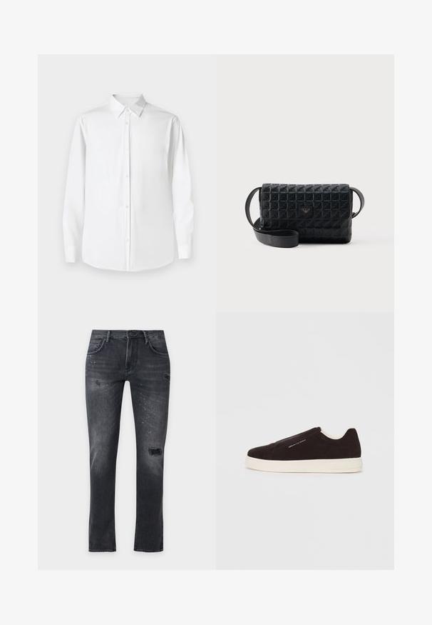 Hvid langærmet skjorte med knapper og spidse kraver, lavet af glat stof, med en klassisk pasform og frontlukning med knapper.; Sorte slim fit jeans med slidte huller og hvide malingstænk, med for- og baglommer samt bæltestropper.; Sorte suede slip-on sneakers med hvid gummisål, der har en glat overflade og subtil branding på siden. Klassisk design og struktur.; Sort tekstureret crossbodytaske med klaplukning og et lille metallogo foran, vist mod en ensfarvet baggrund.