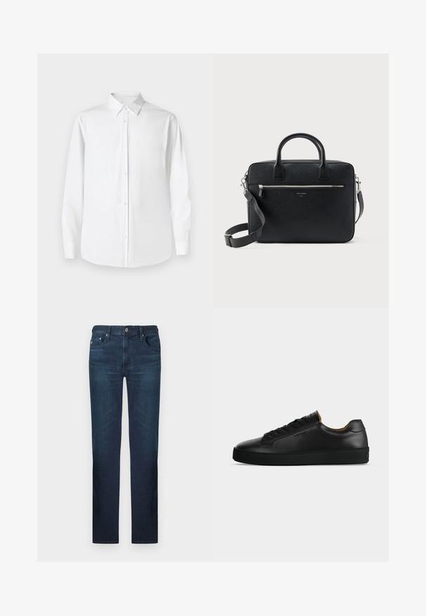 Hvid langærmet skjorte med knapper og spidse kraver, lavet af glat stof, med en klassisk pasform og frontlukning med knapper.; Mørkeblå denim jeans med lige ben-design, der har en klassisk fem-lomme opsætning og metalknaplukning. Glat tekstur.; Sort lavtopet læder-sneaker med sorte snørebånd, tekstureret gummisål og lille præget logo på siden, vist i profil mod grå baggrund.; Sort struktureret rektangulær lædermappe med dobbelthåndtag, lynlåslomme foran og justerbar skulderrem vist på hvid baggrund.