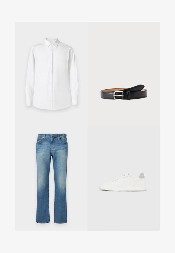 Camisa blanca de manga larga con cuello puntiagudo, hecha de tejido suave, que presenta un corte clásico y cierre frontal con botones.; Pantalones de mezclilla azul, diseño de pierna recta con un lavado desgastado, que cuentan con un estilo clásico de cinco bolsillos y acentos de metal.; Zapatilla blanca de corte bajo con pestaña en el talón gris, cordones blancos y suela texturizada, presentada sobre un fondo claro y liso.; Cinturón de cuero negro con hebilla rectangular plateada, enrollado con la hebilla hacia adelante sobre un fondo liso y claro.
