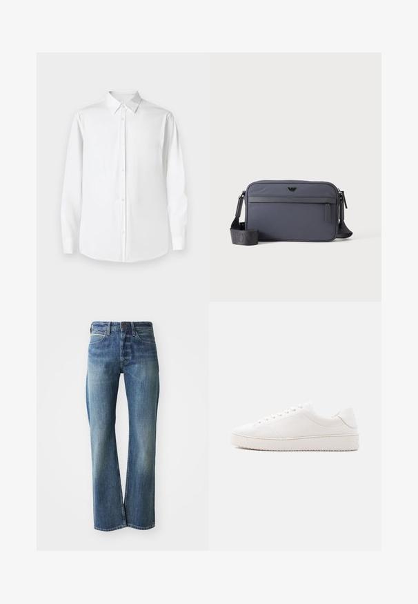 Weißes Langarmhemd mit Point-Kragen, aus glattem Stoff gefertigt, mit klassischer Passform und vorderem Knopfverschluss.; Jeans aus Denim in einem hellen bis mittleren Blauton, mit geradem Schnitt, klassischem Fünf-Taschen-Design und subtiler Ausbleichung auf der Vorderseite.; Weißer Ledersneaker mit glattem Finish, rundem Zehenbereich, sechs Augen für die Schnürung und einer strukturierten Gummisohle. Minimalistisches Design ohne Muster.; Graue rechteckige Crossbody-Tasche mit vorderer Reißverschlusstasche, verstellbarem Schultergurt und kleinem schwarzem Logo vorne in der Mitte.