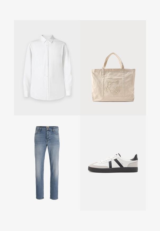 Witte overhemd met lange mouwen en een puntige kraag, gemaakt van gladde stof, met een klassieke pasvorm en een sluiting met knopen aan de voorkant.; Lichtblauwe denim jeans met een rechte pasvorm, vijf-pocket ontwerp en subtiele vervaging. Knopsluiting bij de taille, nette afwerking bij de zomen.; Witte sneaker met zwarte en grijze accenten, voorzien van een grijze neus met textuur, zwarte rubberen zool en platte witte veters. Schoon ontwerp, minimalistische stijl.; Beige canvas tas met dubbele handvatten en een reliëf ontwerp van een wolfskop op het voorvak.