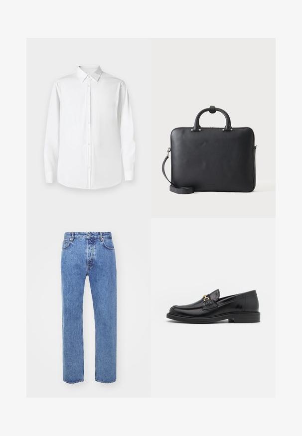 Camisa blanca de manga larga con cuello puntiagudo, hecha de tejido suave, que presenta un corte clásico y cierre frontal con botones.; Won Hundred STEVE - Vaqueros boyfriend - cut blue; Mocasines de cuero negro con punta redondeada, que cuentan con un detalle de herrajes dorados y costuras, situados sobre una suela de goma texturizada y baja.; Maletín negro de piel con doble asa y correa de hombro desmontable sobre un fondo liso y claro.