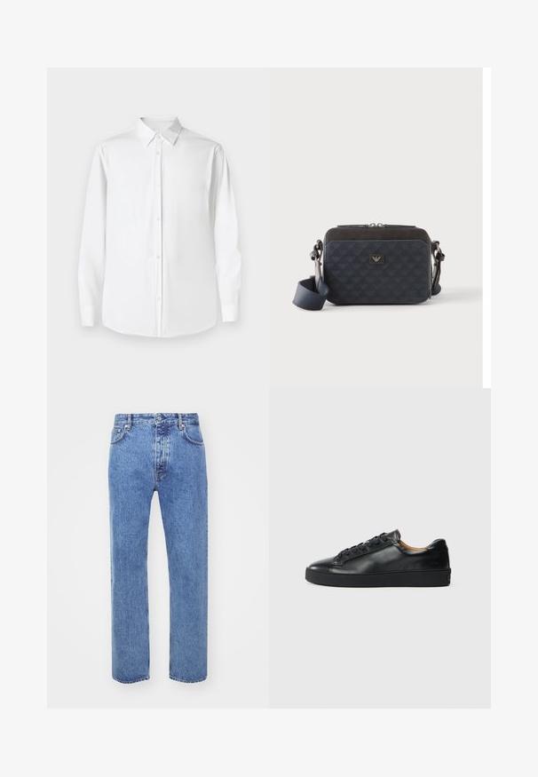 Weißes Langarmhemd mit Point-Kragen, aus glattem Stoff gefertigt, mit klassischer Passform und vorderem Knopfverschluss.; Won Hundred STEVE - Jeans Relaxed Fit - cut blue; Schwarze Leder-Sneaker mit glatter Textur, runder Zehenpartie und Schnürverschluss. Verfügt über eine dicke Gummisohle und minimalistische Marken-Details.; Rechteckige dunkelblaue Umhängetasche mit verstellbarem Riemen, Reißverschluss und subtilem Logomuster auf der Vorderseite.