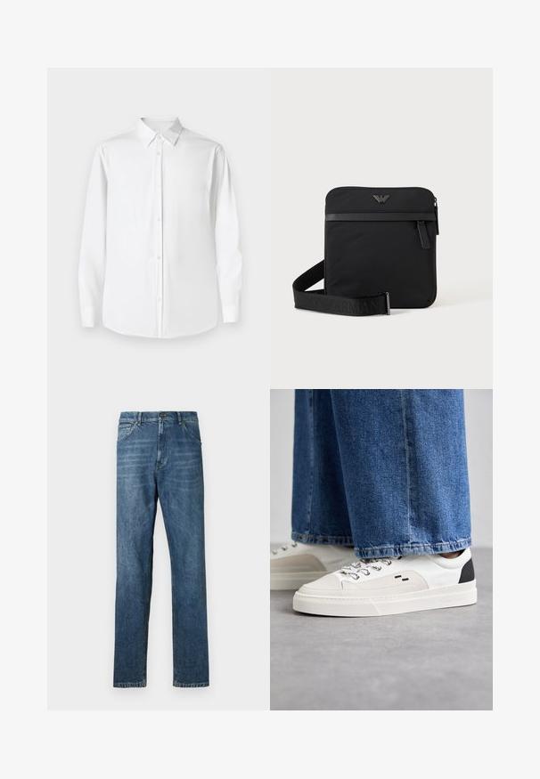 Hvid langærmet skjorte med knapper og spidse kraver, lavet af glat stof, med en klassisk pasform og frontlukning med knapper.; Mørkeblå denim jeans med lige ben, fem-lomme design, synlig syning og en klassisk knaplukning. Let vaskeeffekt på stoffet.; Hvide og sorte sneakers med en glat læderoverdel, teksturerede detaljer og en kraftig hvid sål. Har et klassisk snørebåndsdesign.; Sort firkantet skuldertaske med lynlås, frontlomme og justerbar rem med præget brandnavn.