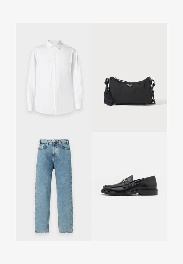 Camisa blanca de manga larga con cuello puntiagudo, hecha de tejido suave, que presenta un corte clásico y cierre frontal con botones.; Vaqueros de mezclilla azul claro con corte de pierna recta, cinco bolsillos y cierre con botón de latón. La tela tiene una textura ligeramente desgastada y un aspecto desteñido.; Mocasines de cuero negro con punta redondeada, que cuentan con un detalle de herrajes dorados y costuras, situados sobre una suela de goma texturizada y baja.; Bolso cruzado rectangular negro con emblema del logo de la marca en plata y correa ajustable sobre fondo claro.