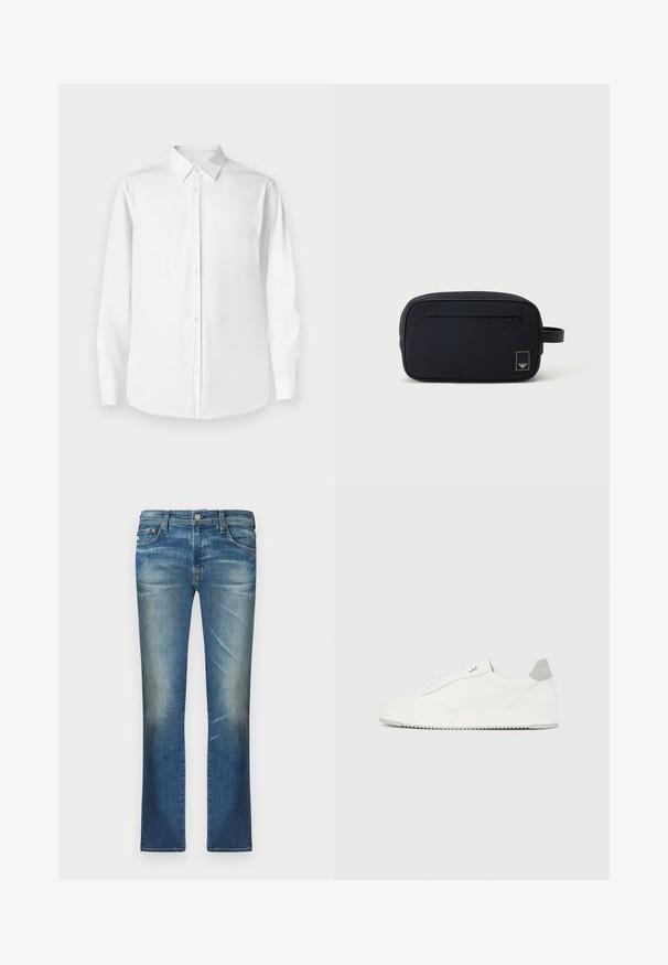 Hvid langærmet skjorte med knapper og spidse kraver, lavet af glat stof, med en klassisk pasform og frontlukning med knapper.; Lysblå denim jeans med slim fit, falmede for, lige ben, traditionelt fem-lomme design og metalknaplukning i taljen.; Hvid lavtop-sneaker med gråt hælflig, hvide snørebånd og tekstureret sål, vist på en ensfarvet lys baggrund.; Sort rektangulær toilettaske med lynlåslomme foran og lille logopatch, med en sidesnor.