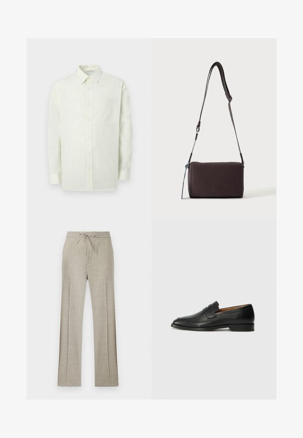 Chemise boutonnée vert clair en tissu texturé avec col, manches longues et une poche poitrine. Design classique avec des boutons à l'avant.; Pantalon beige en mélange de lin avec fines rayures blanches discrètes, taille à cordon et jambes droites.; Mocassin en cuir noir avec un bout arrondi, des coutures subtiles et un talon bas, présentant une texture lisse et un design minimaliste.; Sac bandoulière en cuir marron foncé texturé avec une sangle réglable et un petit accent décoratif bleu sur le côté.