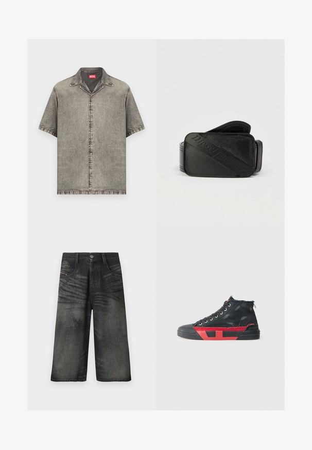 Chemise à manches courtes, boutonnée, en denim gris délavé avec un col et une étiquette de la marque Diesel rouge à l'intérieur de l'encolure.; Shorts noirs en denim à jambes larges avec bouton sur le devant, fermeture éclair, passants pour ceinture et détails de texture délavée.; Baskets montantes noires avec des accents rouges et une finition usée. Caractérisées par une tige en toile texturée et une semelle en caoutchouc avec un design découpé.; Ceinture noire présentant un design texturé avec un logo en relief bien visible. Le matériau semble lisse avec une finition en cuir.