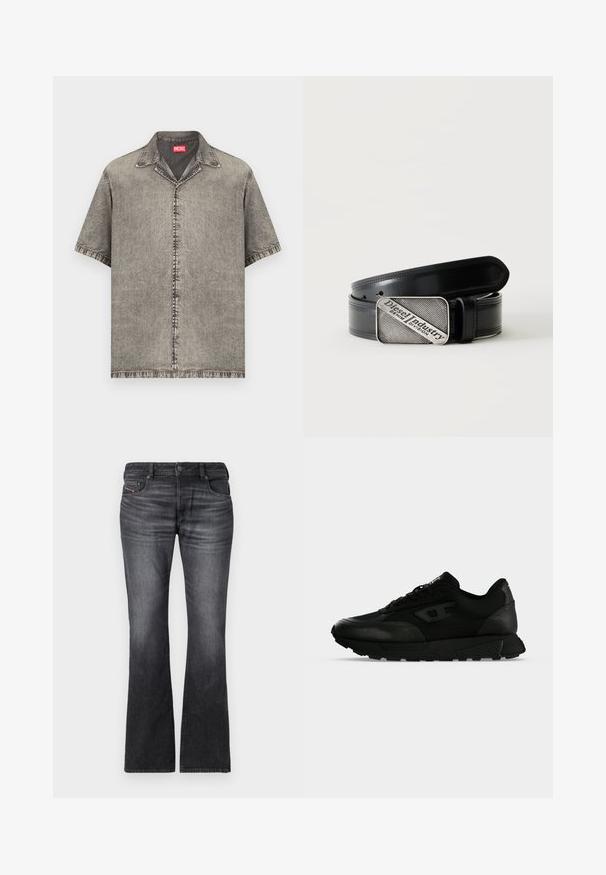Chemise à manches courtes, boutonnée, en denim gris délavé avec un col et une étiquette de la marque Diesel rouge à l'intérieur de l'encolure.; Jean noir évasé en denim, présentant un délavage, cinq poches et une fermeture à bouton à l'avant avec des détails de couture contrastants.; Baskets basses noires avec cuir texturé et panneaux en tissu, fermeture lacets et semelle épaisse en caoutchouc sur un fond clair uni.; Ceinture en cuir noir avec une boucle rectangulaire argentée portant le texte gravé "Diesel Industry Denim Division" sur un fond clair à rayures.