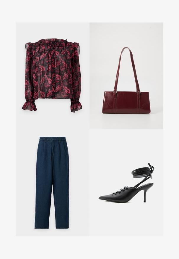 Zwarte doorzichtige blouse met een rood bloemmotief, met een gerimpelde halslijn en lange mouwen met elastische manchetten. Voorzien van een knoopsluiting aan de voorkant.; Good American PLEATED TROUSER - Wide leg - indigo; Zwarte pumps met spitse neus en hoge hak, met veters aan de voorkant en riempjes die rond de enkel wikkelen en zijn gestrikt in een strik, gezien vanaf de zijkant tegen een witte achtergrond.; Bourgondische handtas van glanzend materiaal, rechthoekige vorm, met twee schouderbanden en subtiele gebogen accenten aan de voorkant.