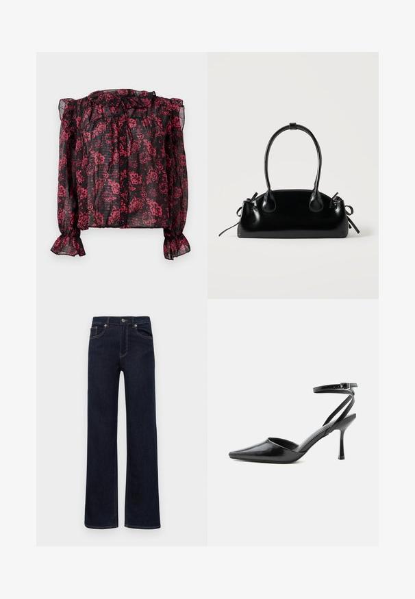 Blouse noire transparente avec motif floral rouge, encolure froncée et manches longues à poignets élastiques. Présente une fermeture à boutons sur le devant.; Jean en denim bleu foncé avec des jambes droites, fermeture à bouton, passants de ceinture et cinq poches, présentés sur un fond blanc.; Escarpin noir à bout pointu avec fines brides de cheville et fermeture à boucle argentée sur fond clair uni.; Petit sac à main noir brillant avec deux longues anses et des détails à cordon sur les côtés sur un fond clair uni.