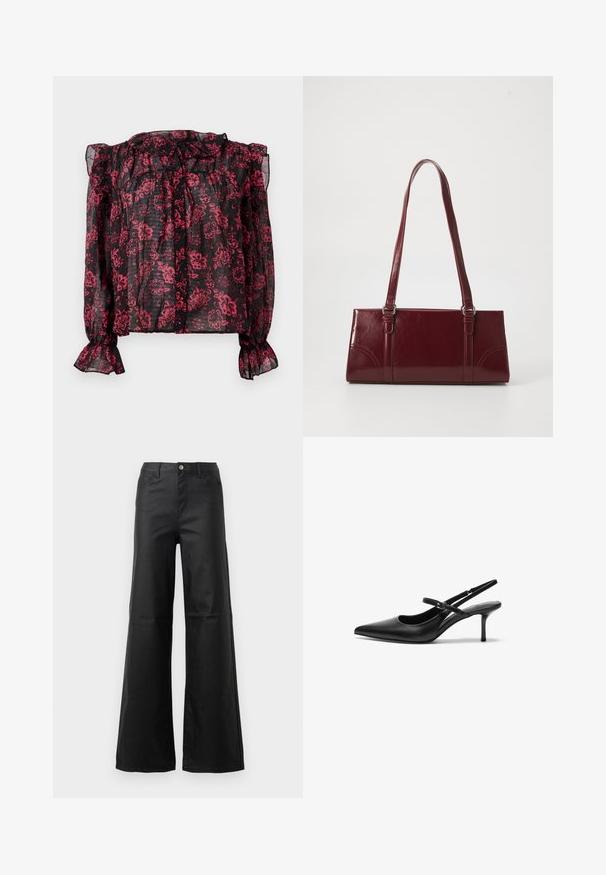 Zwarte doorzichtige blouse met een rood bloemmotief, met een gerimpelde halslijn en lange mouwen met elastische manchetten. Voorzien van een knoopsluiting aan de voorkant.; Zwarte wijde jeans van soepele denim, met een knoopsluiting, voorzakken en een hoge taille.; Zwarte leren slingback hakken met een puntige neus, slanke verstelbare band en een ongeveer 5 cm hoge stiletto hak, met een gladde textuur.; Bourgondische handtas van glanzend materiaal, rechthoekige vorm, met twee schouderbanden en subtiele gebogen accenten aan de voorkant.