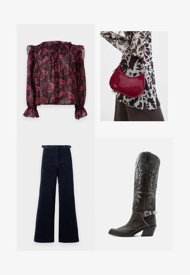 Blouse noire transparente avec motif floral rouge, encolure froncée et manches longues à poignets élastiques. Présente une fermeture à boutons sur le devant.; Pantalon large en velours côtelé bleu marine foncé avec des sangles réglables sur les côtés à la taille, sur un fond uni.; Botte de cowboy en cuir noir avec découpes décoratives, boucle argentée et talon incliné, présentée sur fond blanc.; Femme portant un chemisier à motif noir et blanc tenant un sac à main rouge brillant sur un fond uni.