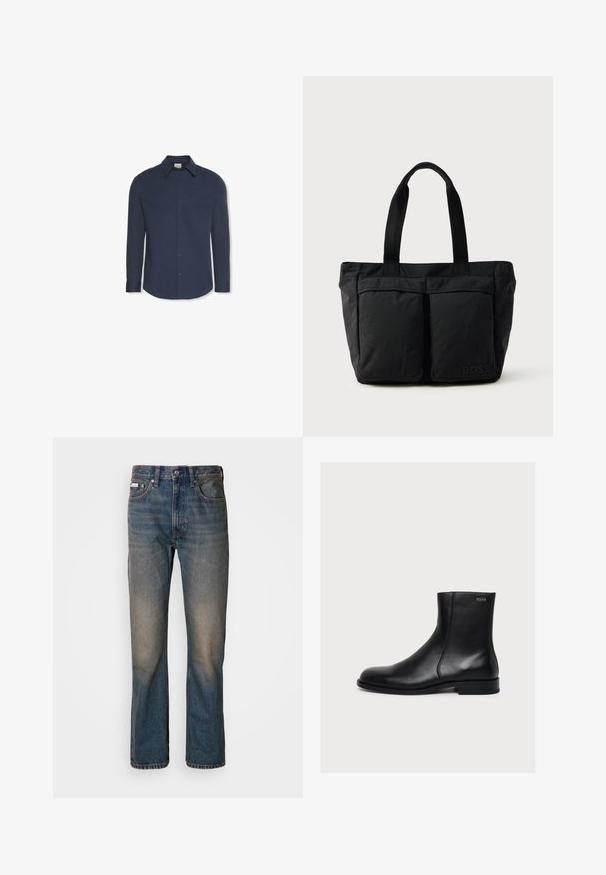 Marineblaues Herrenhemd mit langen Ärmeln, spitzem Kragen, Knopfleiste vorne und einer Brusttasche.; Hoch geschnittene blaue Jeans aus Denim mit geradem Bein, verwaschenen, distressierten Stellen und traditionellem Fünf-Taschen-Stil.; Schwarzer, glatter Lederknöchelstiefel mit niedrigem Absatz und seitlichem Reißverschluss, mit Hugo nahe dem oberen Rand beschriftet.; Schwarze Tragetasche aus weichem Stoff, mit zwei vorderen Taschen und stabilen Tragegriffen. Logo an der Seite angebracht. Einfaches, funktionales Design.