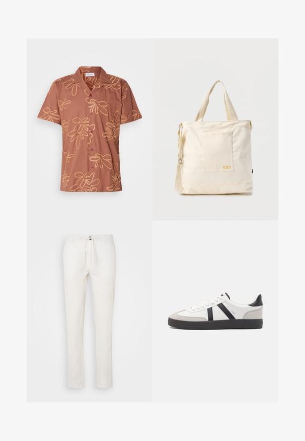 Camisa marrón de manga corta con un patrón floral en hilo dorado, con dos botones oscuros y un cuello. Tejido suave con un corte holgado.; Pantalones de lino blancos con cintura ajustable, diseño de pierna recta y textura sutil. Sin bolsillos visibles ni patrones.; Zapatilla blanca con acentos en negro y gris, que presenta una puntera texturizada en gris, suela de goma negra y cordones planos blancos. Diseño limpio, estilo minimalista.; Bolsa tote de lona color crema con bolsillo delantero, dos asas, correa de hombro ajustable y pequeño texto amarillo "O.N.S" en la parte inferior derecha del bolsillo.