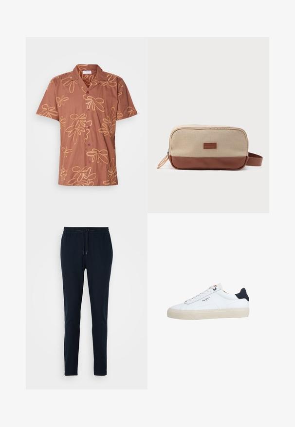Camisa marrón de manga corta con un patrón floral en hilo dorado, con dos botones oscuros y un cuello. Tejido suave con un corte holgado.; Pantalones jogger azul marino hechos de tela suave, con cintura elástica, cordón ajustable y diseño de pierna ajustada.; Zapatilla deportiva blanca de corte bajo con suela beige, cordones blancos, lengüeta trasera negra y logotipo "Pepe Jeans London" en el lateral.; Bolsa de aseo rectangular beige y marrón con asa lateral y parche de logo frontal, cierre de cremallera con dos tiradores en tono marrón claro, sobre un fondo blanco.