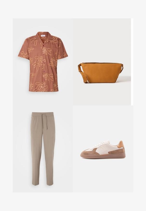 Camisa marrón de manga corta con un patrón floral en hilo dorado, con dos botones oscuros y un cuello. Tejido suave con un corte holgado.; Pantalones beige claros con cinturilla elástica, cordón ajustable y perneras estrechas. La tela parece suave con un ligero brillo.; Zapatilla baja blanca y beige con detalles de ante, laterales perforados, cordones blancos y suela de goma texturizada, mostrada de lado sobre un fondo blanco.; Bolso bandolera de cuero marrón claro con correa ajustable y cierre de cremallera, mostrado sobre un fondo claro y liso.