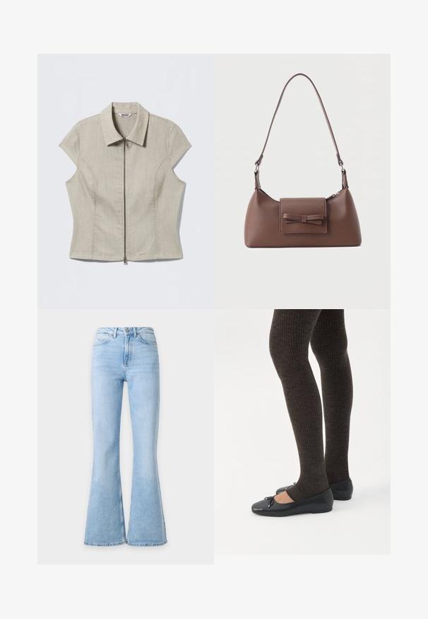 Chemise beige à manches courtes avec col et fermeture éclair centrale, coutures ajustées, et une étiquette indiquant « WEEKDAY » à l'intérieur du col.; Jean en denim bleu clair à taille haute avec jambes larges évasées, avec boutons sur le devant et poches sur un fond uni.; Jambes portant des leggings côtelés foncés associés à des ballerines noires avec de petits détails en nœud sur fond blanc.; Sac à bandoulière en cuir marron avec une poche à rabat avant ornée d'un détail en forme de nœud cousu et une sangle réglable.